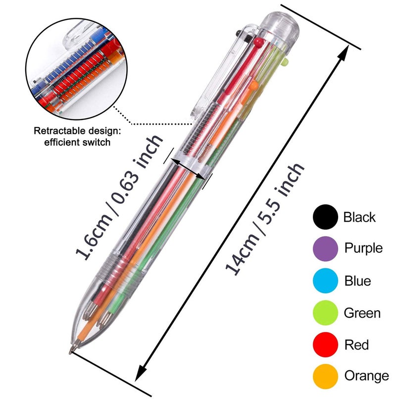EEOYU 6 Pack Multicolor Pens 0.5mm 6-in-1 Retractable Ballpoint Pens 6 Colors Transparent Barrel Ballpoint Pen for Office School Supplies Students Children Gift - Image 2